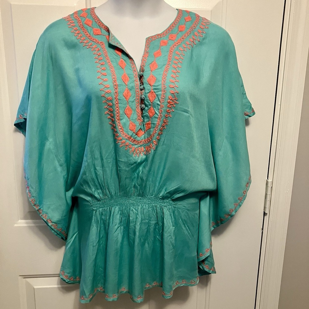 NWT Raviya Medium Blue Green Pink Lightweight Tunic‎ Beach Cover Up Embroidered